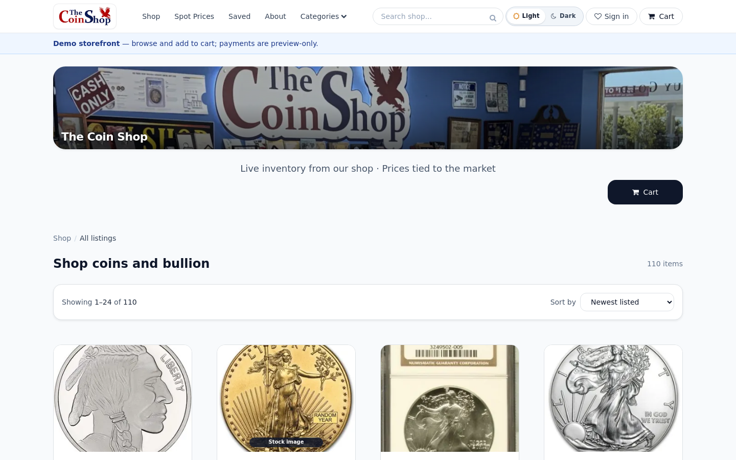 ExtraCoins dealer storefront with live bullion listings